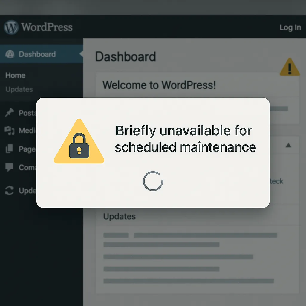 WordPress site showing 'Briefly unavailable for scheduled maintenance' message with user unable to log in
